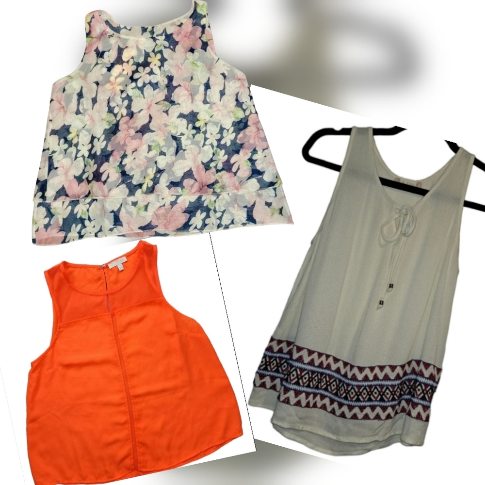 3 Tank Tops Lot Women Size Medium Floral, Orange, & Boho Tassel Flowy Sleeveless